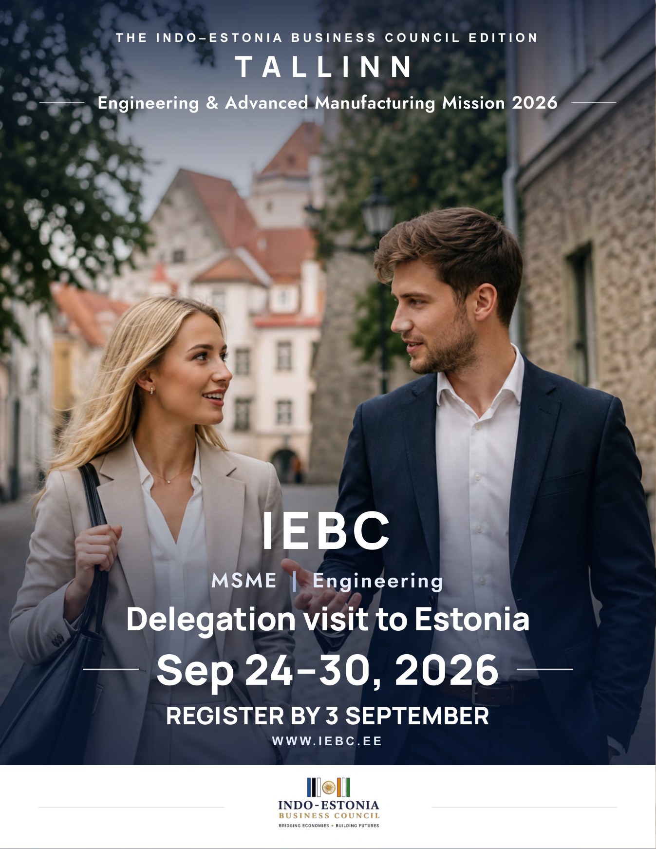 Cover of the IEBC MSME and Engineering Delegation brochure: Tallinn Engineering and Advanced Manufacturing Mission 2026, delegation visit to Estonia, 24 to 30 September 2026